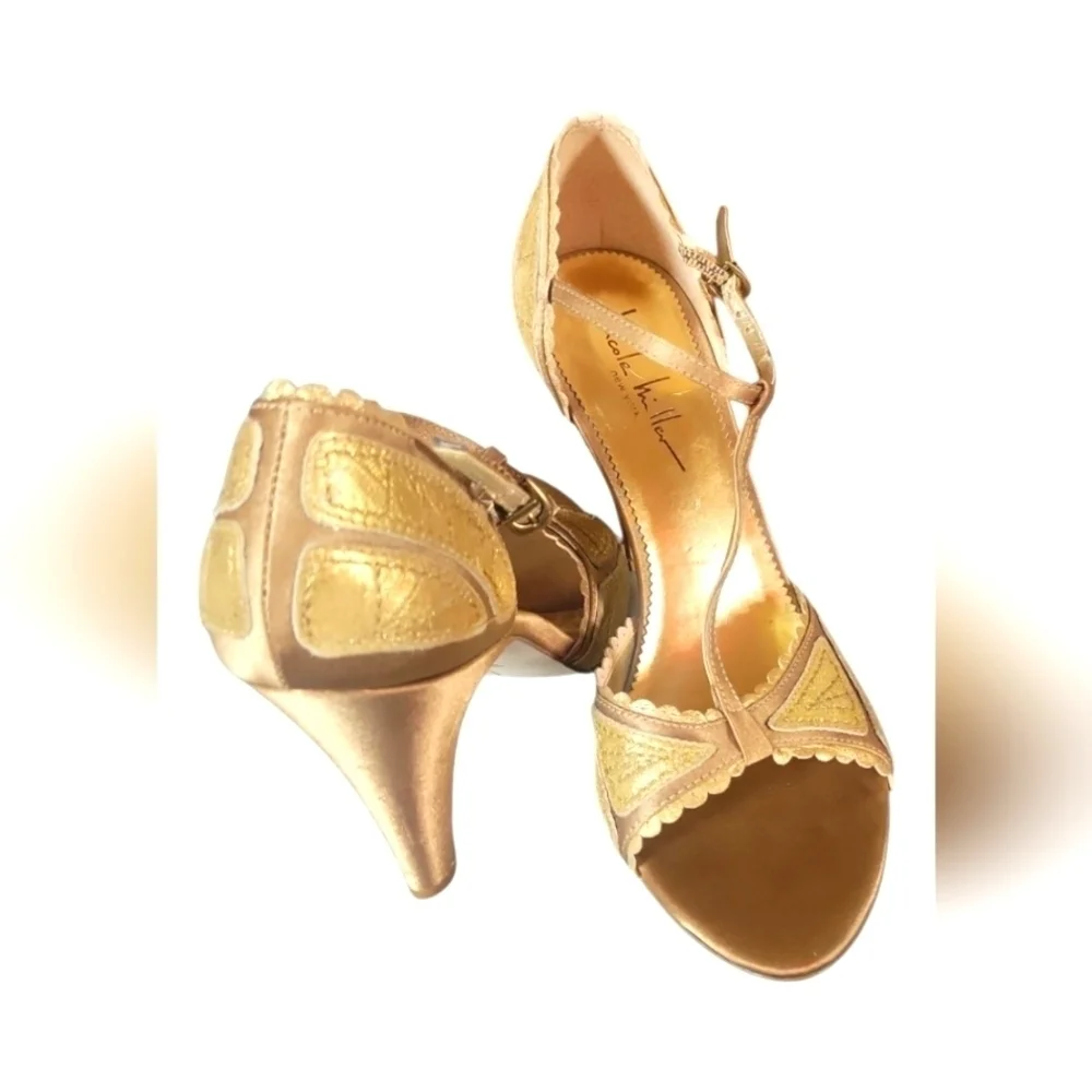 Nicole Miller Couture Formal Holiday Gold Satin Leather Women's Heels 8 1/2B